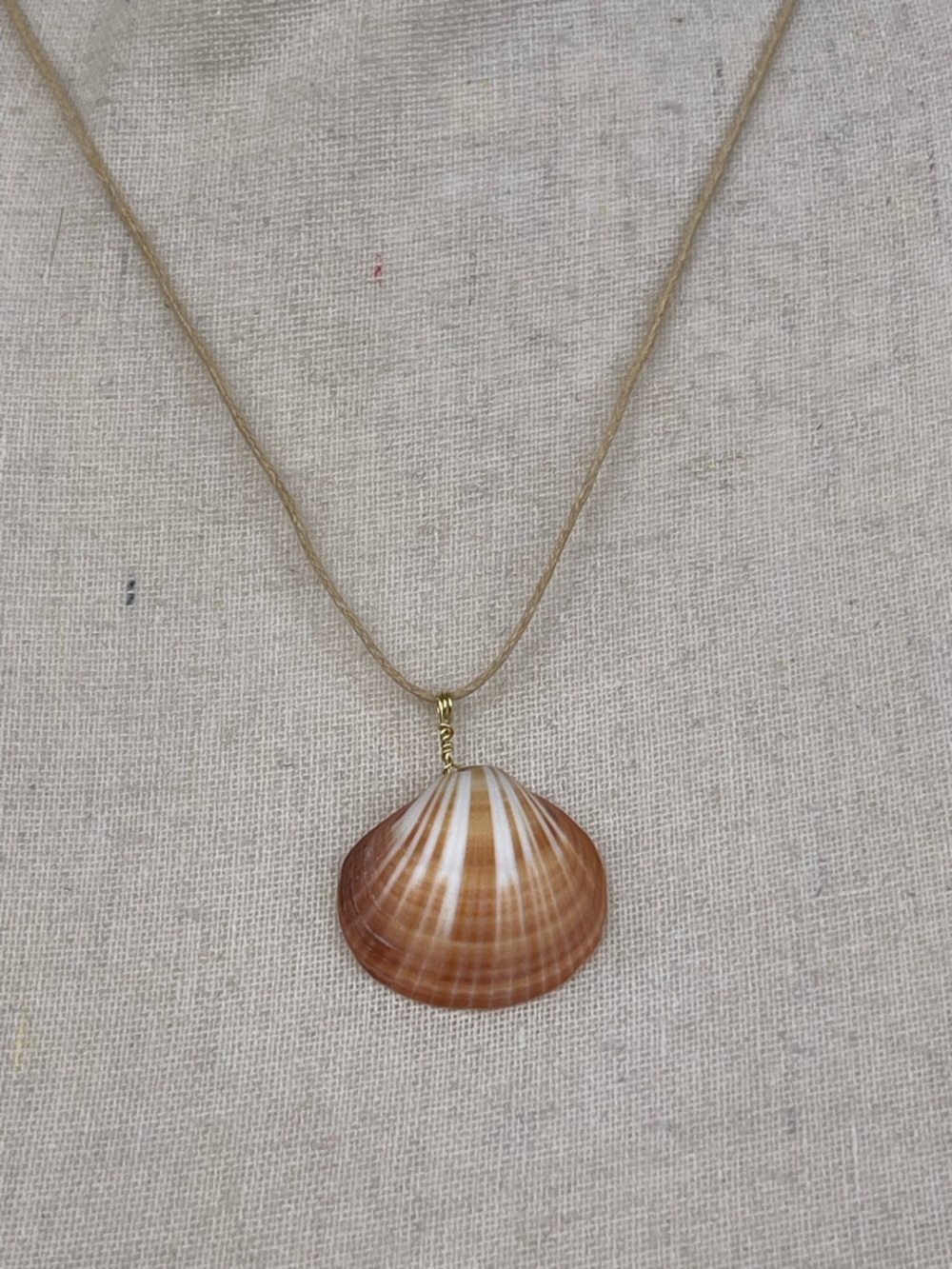 Orange & Brown Shell Pendant Necklace on Tan Cotton Cord Handmade